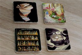 Resim Kitaplar Sokak Bira Şişeleri ve Fotoğraf Makinesi Doğal Taş Bardak Altlığı 4'lü set - Natural Stone Coasters 