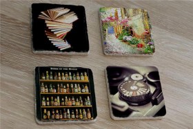 Resim Kitaplar Sokak Bira Şişeleri ve Fotoğraf Makinesi Doğal Taş Bardak Altlığı 4'lü set - Natural Stone Coasters 