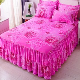 Resim 1 Yatak Etek + 2 Yastık Kılıfı Makinede Yıkanabilir Aktif Boyama Sanded Yıkanabilir Parlak Renkler Solmaz Pilling Olmaz Küçülmez Çift Katmanlı Pileli Dantel Dört Mevsim Evrensel Yatak Etek Üç Parça Set 