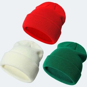 Resim Eke Tekstil Katlamalı Unisex Bere Seti 3'lü - Beyaz - Kırmızı - Yeşil 
