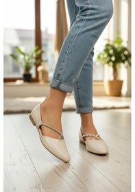 Resim Enoch Kadın Taş İşlemeli Çapraz Bantlı Slingback Ekru Babet Ten 