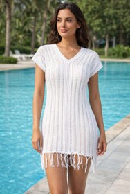 Resim TRQOM Kadın Ön Arka V Yaka Örgü Desenli Kolsuz Püsküllü Mini Moda Beyaz Plaj Elbisesi 