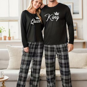 Resim Çift Tarzı Kral ve Kraliçe Mektup Baskılı Sonbahar/Kış Kadın Uzun Kollu Pantolon veya Erkek Uzun Kollu Pantolon Ev Giyim Seti, Erkek Seti veya Kadın Seti, 1 Set 