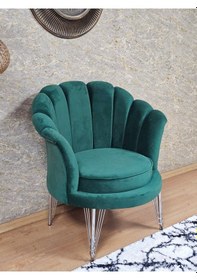 Resim Zafir Tekli İstiridye Krom Kaplama Telli Ayak Çay Seti Koltuk Tekli Berjer , Balkon, Salon, Ofis Yeşil 