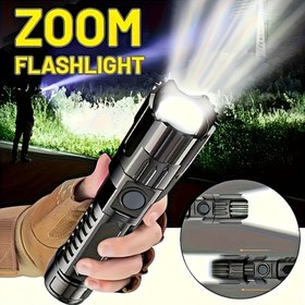 Resim 1 Adet Güçlü LED El Feneri, 3 Seviye Ayarlanabilir Parlaklık ve Teleskopik Zoom Özellikli, USB Şarj Edilebilir, Dayanıklı Taşınabilir Kamp, Yürüyüş ve Acil Durum Kiti için El Feneri 