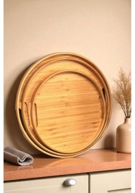 Resim Digithome Bambu 3'lü Yuvarlak Sığ Tepsi - Thn76060 Hyt Bej 