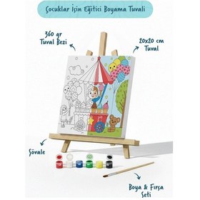 Resim Dondurma Arabası Temalı Çocuk Boyama Tuvali Şövaleli Eğitici Boyama Seti 20x20 Cm 