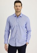 Resim Açık Mavi Uzun Kol Slim Fit Dar Kesim Klasik Desenli Pamuk Gömlek Kigili