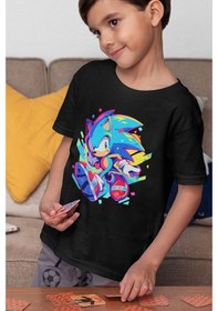 Resim Sevbano Unisex Sonic Baskılı Çizgi Film Çocuk Tişört 1-12 Yaş Siyah 