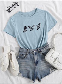 Resim Uçan Kelebekler Süprem T-shirt - Bebe Mavisi Baskılı Oversize Bisiklet Yaka Kısa Kol Tişört Bebe Mavi 