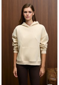 Resim Grimelange ELYRA Kadın Oversize Dikiş Detaylı Kapüşonlu Vizon Sweatshirt 