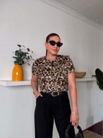 Resim Leopar desen sakal kumaş Simli Bluz Kahve - L 