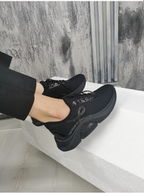Resim Streç Siyah Taşlı Kadın Spor Ayakkabı 001 