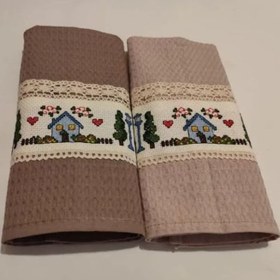 Resim Pınar 6788 5216 El Yapımı 2'li Kanaviçe İşlemeli Dantelli Mutfak Kurulama Bezi 