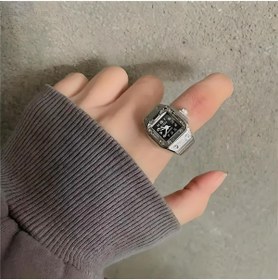 Resim Bozhi Gümüş Mini Saat Yüzük, Gerçek Yüzük Saat, Parmak Saat Yüzük, Siyah Kare Yüzük Saat 