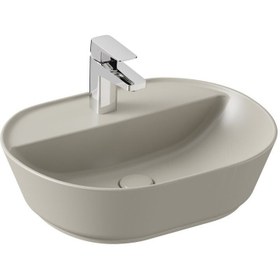 Resim VitrA Geo 7428b020-0041 Oval Çanak Lavabo, 55 Cm, Orta Armatür Delikli, Su Taşma Deliksiz, Mat Bej 