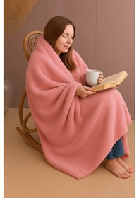 Resim 185x210cm %100 Pamuklu Çift Kişilik Battaniye Polar Pembe 