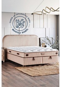 Resim Line Visco Lüks Yatak Seti Tek Kişilik Yaylı, Visco Süngerli Özel Yatak, Krem Baza Ve Başlık Takımı 100 x 200 