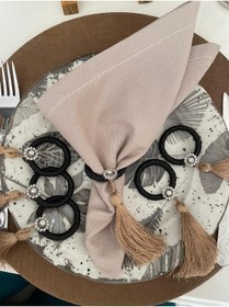 Resim PiyaCraft Siyah Bej Püsküllü Peçete Yüzüğü 6'lı 