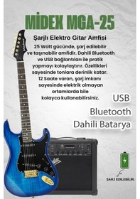 Resim Midex Glc-40bl-50amp Elektro Gitar Seti 50 Watt Şarjlı Bt Amfi Kulaklık Ve Full Set 
