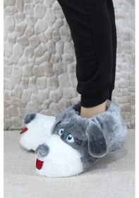 Resim Fort Sevimli Köpek Figürlü Peluş Panduf Hayvanlı Yumuşak Kadın Panduf Gri 