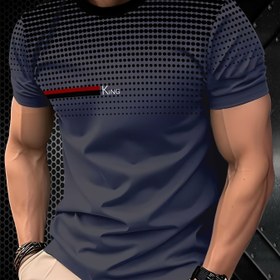 Resim Erkekler için Lacivert "KING" Harf Baskılı Tişört, Günlük Yazlık Spor Giyim, Kırmızı Çizgili Gradyan Tasarım, Günlük Kıyafet için Polyester Yuvarlak Yaka Tişört, Yazlık Tişört | Modern Günlük Tişört | Pürüzsüz Dokulu 