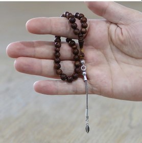 Resim Tesbihane Kuka Tesbih - 925 Ayar Gümüş Püsküllü - Bilek Boy - Koyu Kahverengi - Küre Kesim 