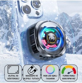 Resim Polham Magsafe Uyumlu Telefon Soğutucu Dijital Isı Göstergeli, Rgb Led Işıklı, Turbo Fanlı 6000 Rpm, Klipsli Tutucu 