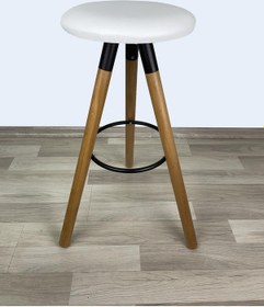 Resim Banco Bar Sandalyesi, Bar Taburesi 74cm Ahşap Ayak Beyaz Deri Oturak Çok Renkli 