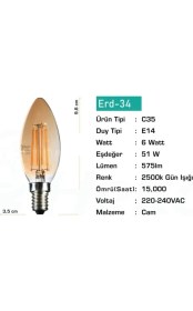 Resim Heka Rustik LED Ampul 6W E14 2500K Gün Işığı C35 Tipi Enerji Verimli Aydınlatma 