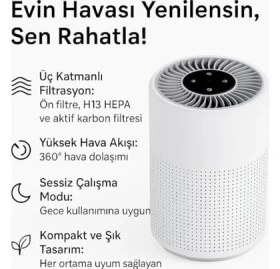 Resim H13 Hepa Filtreli Sessiz Çalışan Üç Katmanlı Kompakt Hava Temizleyici – Aktif Karbon Filtreli, 360° Hava Dolaşımı, Gece Modu 
