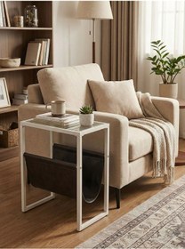 Resim Gazetelikli Camlı Metal Yan Sehpa - C Tipi Koltuk Kenarı Laptop Ve Servis Sehpası - 56x45 Cm Beyaz 