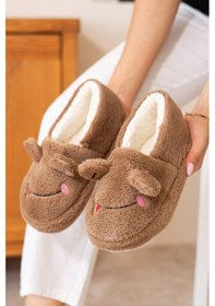Resim Albishoes Kışlık Içi Tüylü Kadın Ev Ayakkabı Kurbağa Figürlü Kaydırmaz Rahat Taban Panduf Ev Botu Kahverengi 