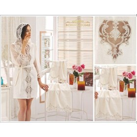 Resim Venüs Krem Dantelli Çeyizlik Balayı Gelin Bayan Bornoz Seti Krem 
