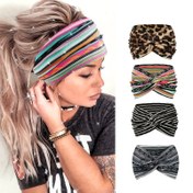 Resim 4 adet Kadın Vintage Bandana Başlıkları - Örgülü, Geniş, Elektriksiz, Örgü Kumaş Saç Aksesuarları Çeşitli Desenlerde (Leopar, Çizgili, Beyaz, Siyah) Tüm Saç Tipleri İçin 