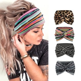Resim 4 adet Kadın Vintage Bandana Başlıkları - Örgülü, Geniş, Elektriksiz, Örgü Kumaş Saç Aksesuarları Çeşitli Desenlerde (Leopar, Çizgili, Beyaz, Siyah) Tüm Saç Tipleri İçin 