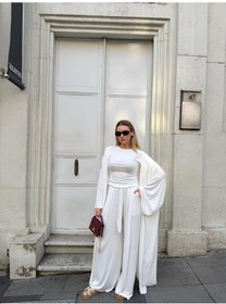 Resim Bonacosa Kadın Viskon 3 Lü Takım Kimono + Beli Lastikli Salaş Pantolon + Kısa Kol Tshirt 8 Renk Ekru 
