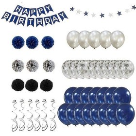 Resim Lacivert Doğum Günü Dekoru Balonudoğum Günü Afişi Mavi Gümüş Balonlar Kağıt Ponpon Dekoru Çok Renkli 