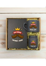 Resim Bk Gift Kişiye Özel İsimli Dtf Baba Temalı Antrasit Defter + Kahve Fincanı + Mum Seti 3 