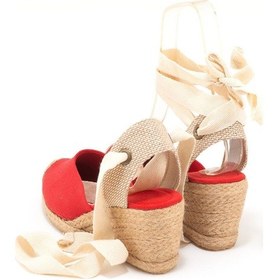Resim Star Tombis Gerçek Elişi Ipli Espadril Dolgu Topuk Keten Espadril Handmade Kırmızı 