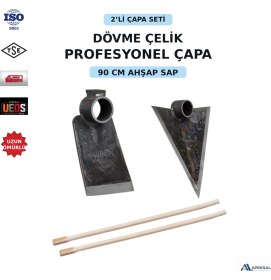 Resim Apeksal Dövme Çelik 2’li Çapa Seti - 90 cm Ahşap Saplı Düz Adana, Üçgen Karık Bahçe & Tarım Çapası 