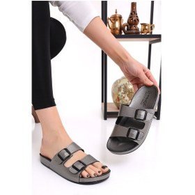 Resim Mlx 10651 Çift Toka Kadın Terlik Comfort Anatomik Kadın Ev Dışarı Terliği- Platin 