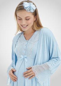 Resim Gecelik ve Sabahlıklı Hamile Takımı/Pamuklu Lohusa Takımı/Kısa Kol Gecelik - 2269 - Ekru / XL / Terlik ve Taç İstiyorum +200₺ 