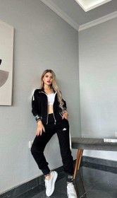 Resim MiMi Moda Kadın Fermuarlı Sport Eşofman Takımı Nakışlı 2 İplik Likra - Siyah / XL 