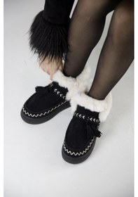 Resim 219851142-1p Kadın Yumuşak Rahat Kürklü Bot - Tekstil Süet Kışlık Siyah Bot Siyah 