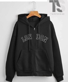 Resim London Baskılı Örme Pamuk 2 İplik Siyah Fermuarlı Hırka Siyah 