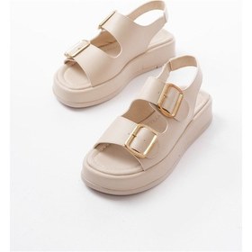 Resim 1187 Bej Dolgu Topuk Lastik Baretli Kadın Sandalet Altın - Taba 