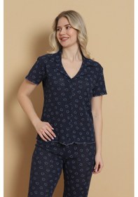 Resim Wordex Mirano 1711 Kalp Desenli Pointel İnce Kumaş Düğmeli Kısa Kollu Kadın Pijama Takımı Lacivert 