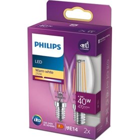 Resim Philips LED Classic Şeffaf Filament Mum Ampul 4.3W 470 Lum 2700K Sarı Işık B35 E14 (40W) 2'li Paket 