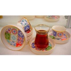 Resim Etnik Desenli 18 Parça Altın Yaldızlı El İşlemeli Çay ve Mırra Seti - 6 Kişilik - 6 kişilik çay seti kaşıklı ( bardak & tabak & kaşık) 